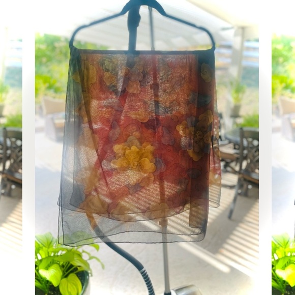 GIORGIO ARMANI44”Floral Cloud Swan Bird Swirl Print Brick Gold Silk Scarf